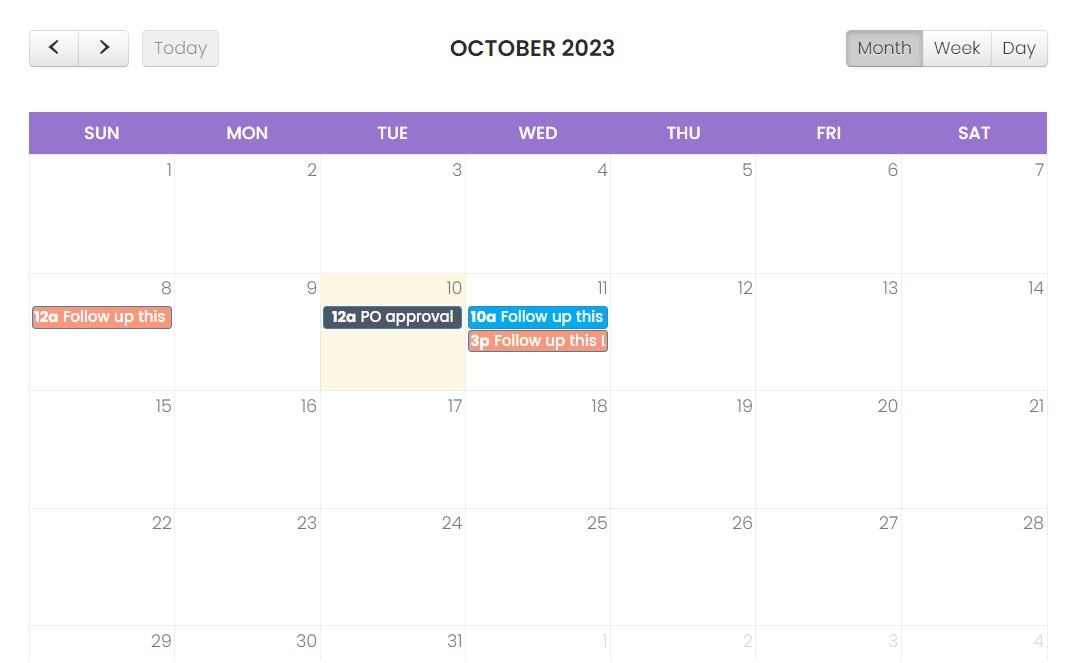 Calendar display in monthly view