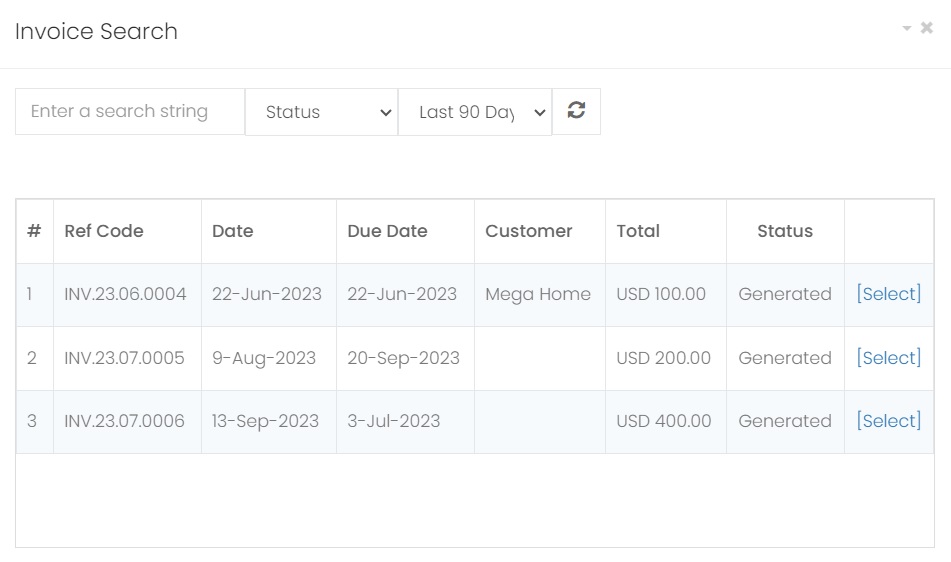 Select Invoice to import to Credit Note